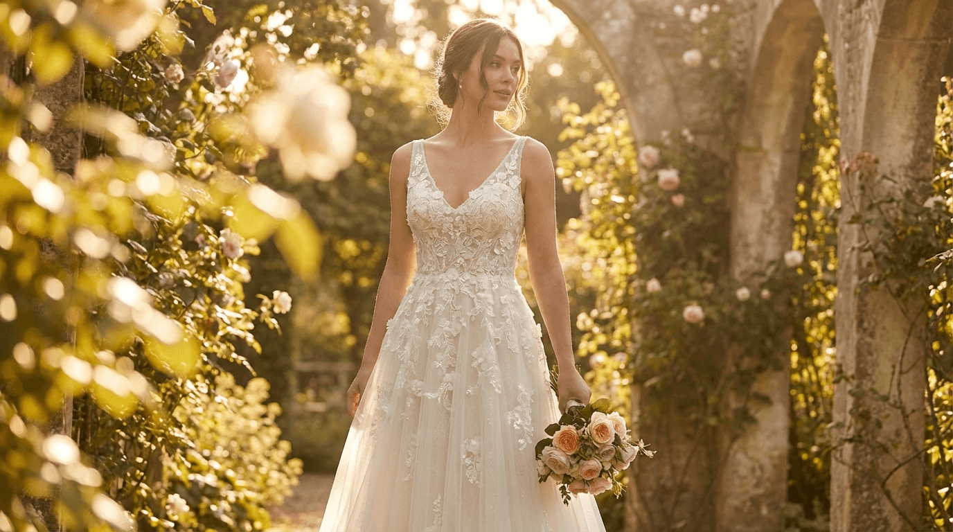 Elegant A-line wedding dress with lace and tulle in a romantic garden setting