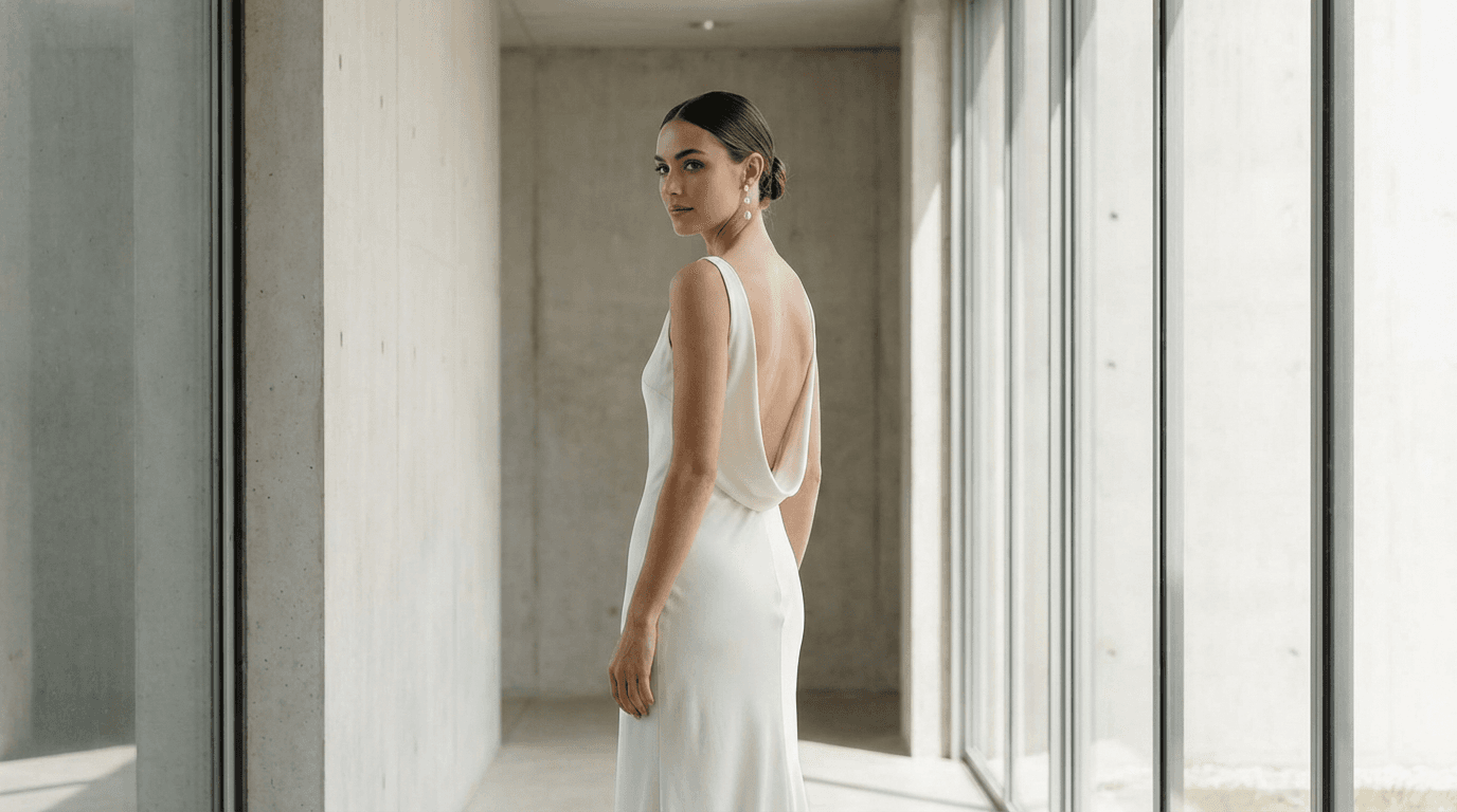 Bride in a sleek, minimalist wedding dress with a cowl neck and open back