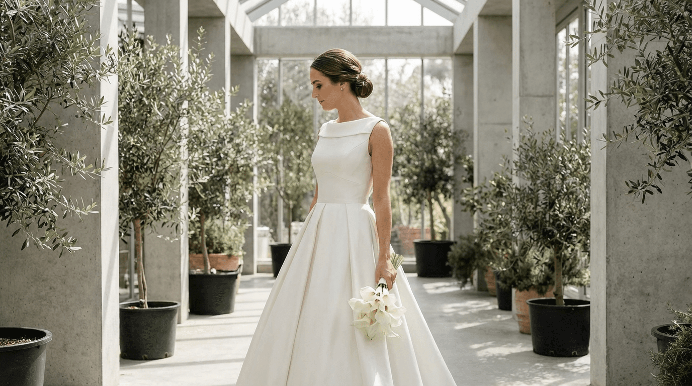 Bride in a stunning mikado wedding dress with a structured, architectural silhouette and clean lines