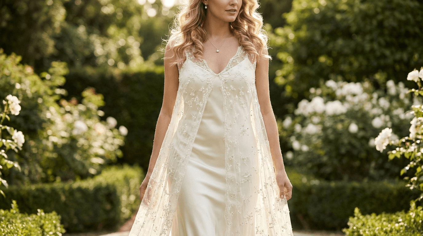 A beautiful bride wearing an elegant A-line lace and satin wedding dress with a delicate lace overlay in a garden setting.