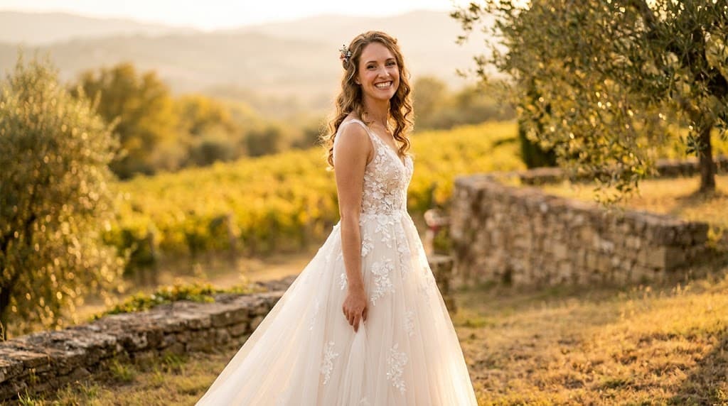Bride in a beautiful ivory wedding dress, highlighting the warmth of the shade against her skin, demonstrating white vs ivory wedding dress choice.