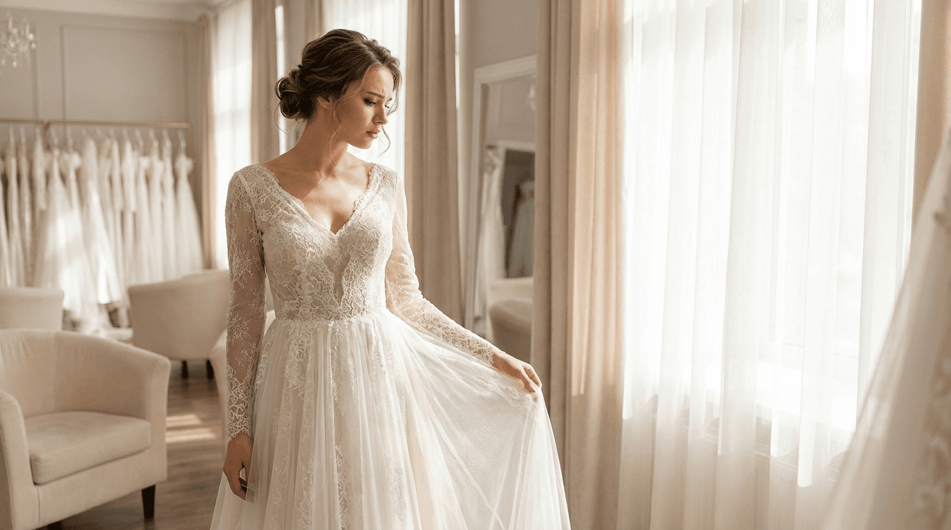 Bride with a contemplative expression, gently touching her elegant A-line lace wedding dress, reflecting on potential wedding dress regret.