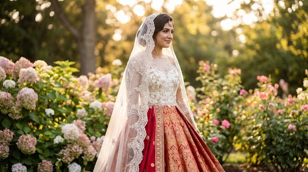 Bride in a beautiful fusion cultural wedding dress combining global traditions