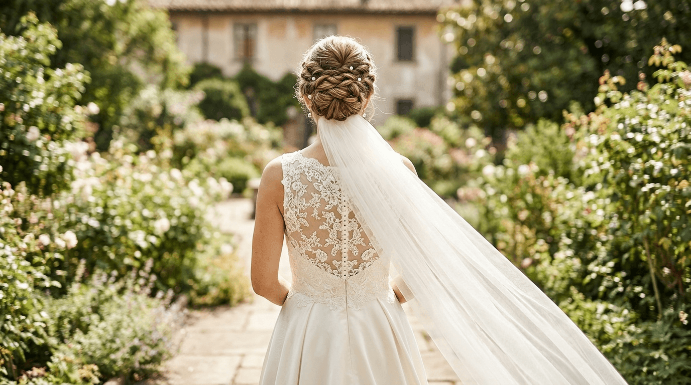 Bride from behind, elegant updo wedding hairstyle with a long veil and a classic wedding dress