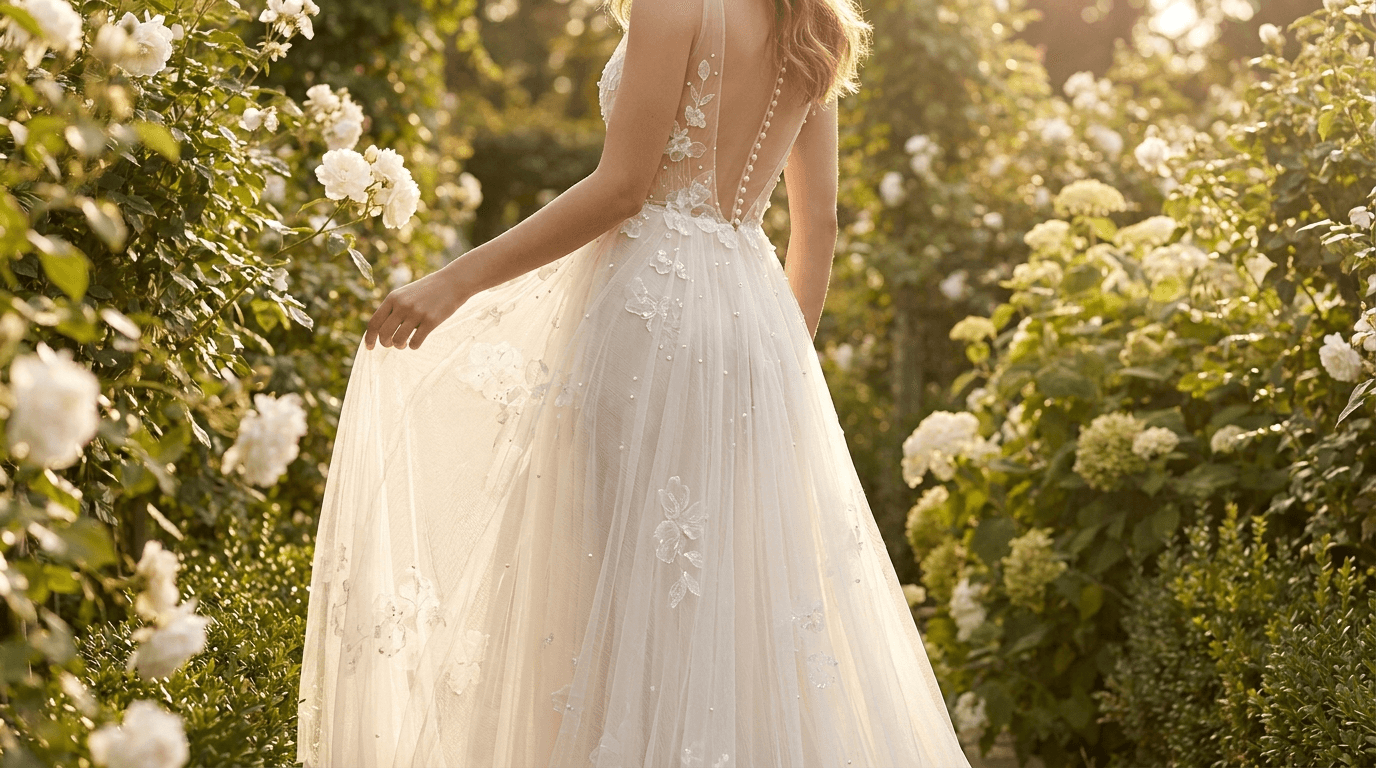 A bride wearing a beautiful ethereal wedding dress with flowing chiffon and delicate lace in a sunlit garden.