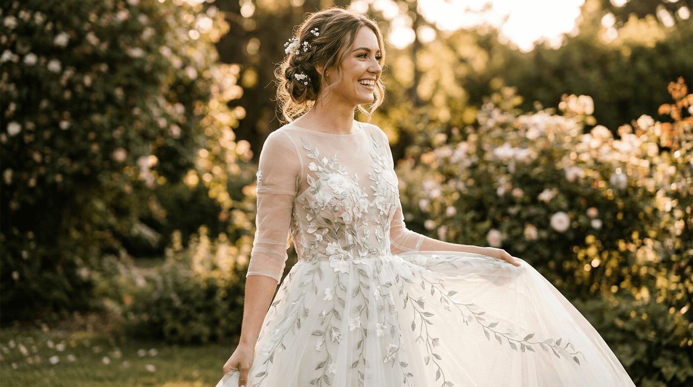 Close-up of a bride in a beautiful floral embroidered wedding dress with delicate white and green botanical details.
