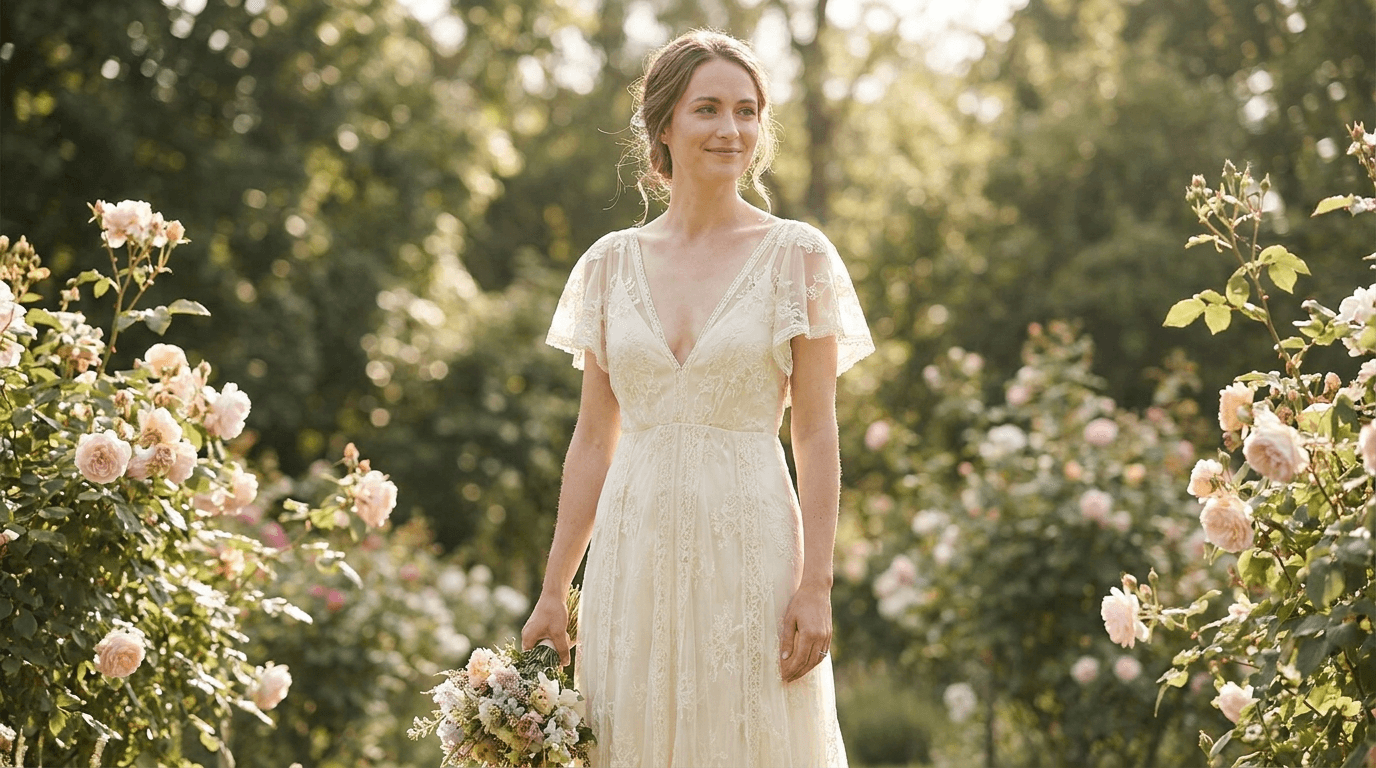 Bride wearing a beautifully modernized heirloom wedding dress with vintage lace and contemporary alterations.
