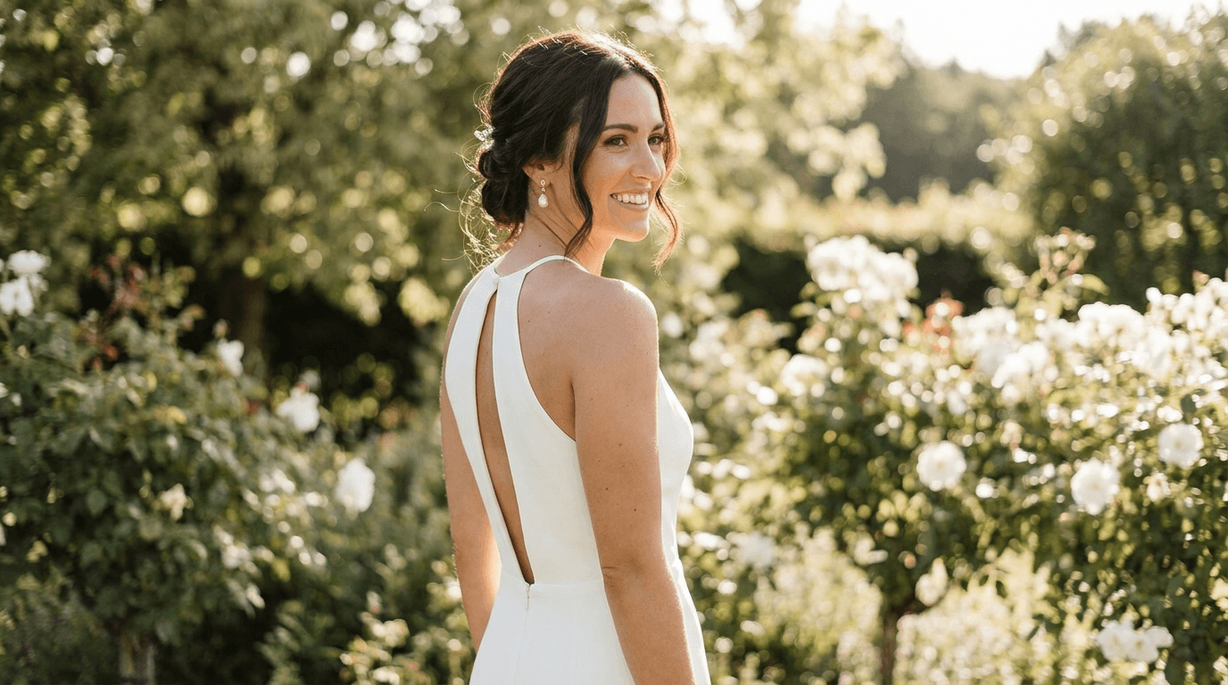 Bride in a sleek crepe halter neck wedding dress, showcasing shoulders and arms in a garden setting.