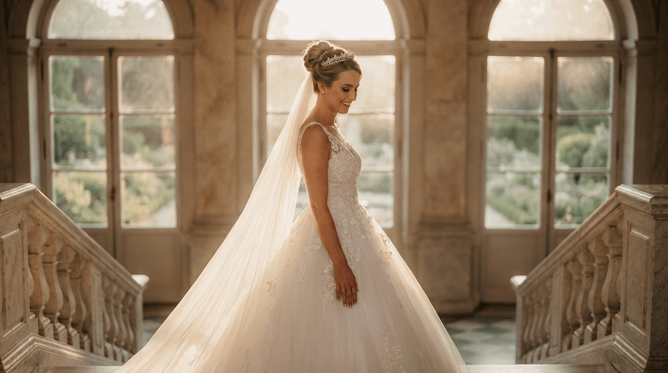 A bride in a classic white ball gown wedding dress with a lace bodice and full tulle skirt, standing elegantly in a grand ballroom.