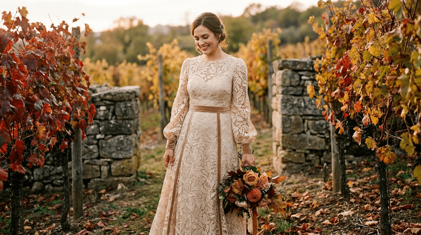 A bride in a luxurious champagne fall 2026 wedding dress with long bishop sleeves and textured lace, standing in an autumn vineyard.