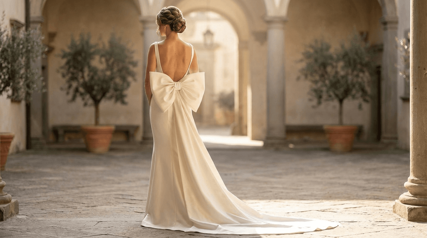 Bride wearing an elegant oversized bow wedding dress 2026 with a large Mikado silk bow at the back