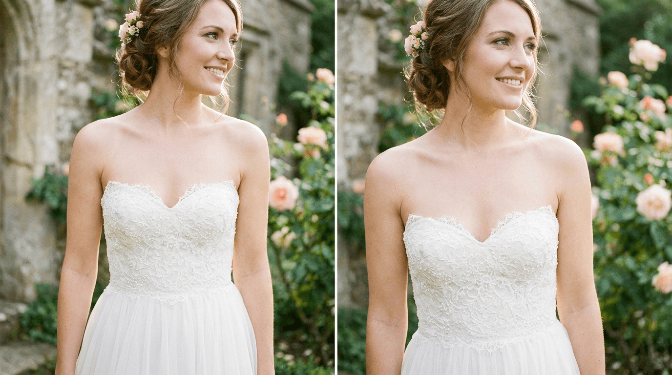 A beautiful bride in a strapless sweetheart neckline wedding dress with lace details, embodying classic romance.