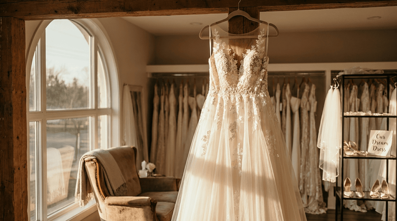 Beautiful A-line wedding dress with lace details hanging in a sunny bridal boutique, symbolizing the start of the wedding dress shopping timeline.