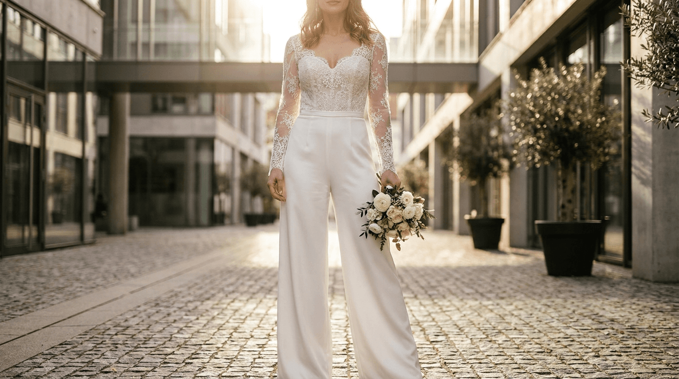 A bride wearing a chic white wedding jumpsuit with a wide-leg silhouette and lace bodice, exuding modern elegance.