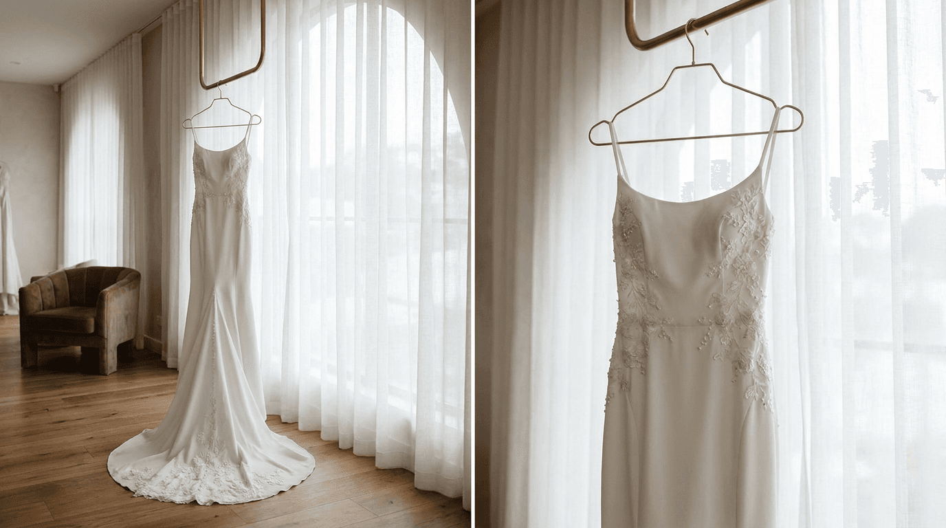 Elegant white wedding dress hanging, symbolizing the option of renting a wedding dress.