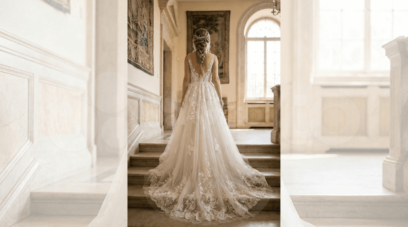 A bride walking down a grand staircase, showcasing a beautiful cathedral length wedding dress train.