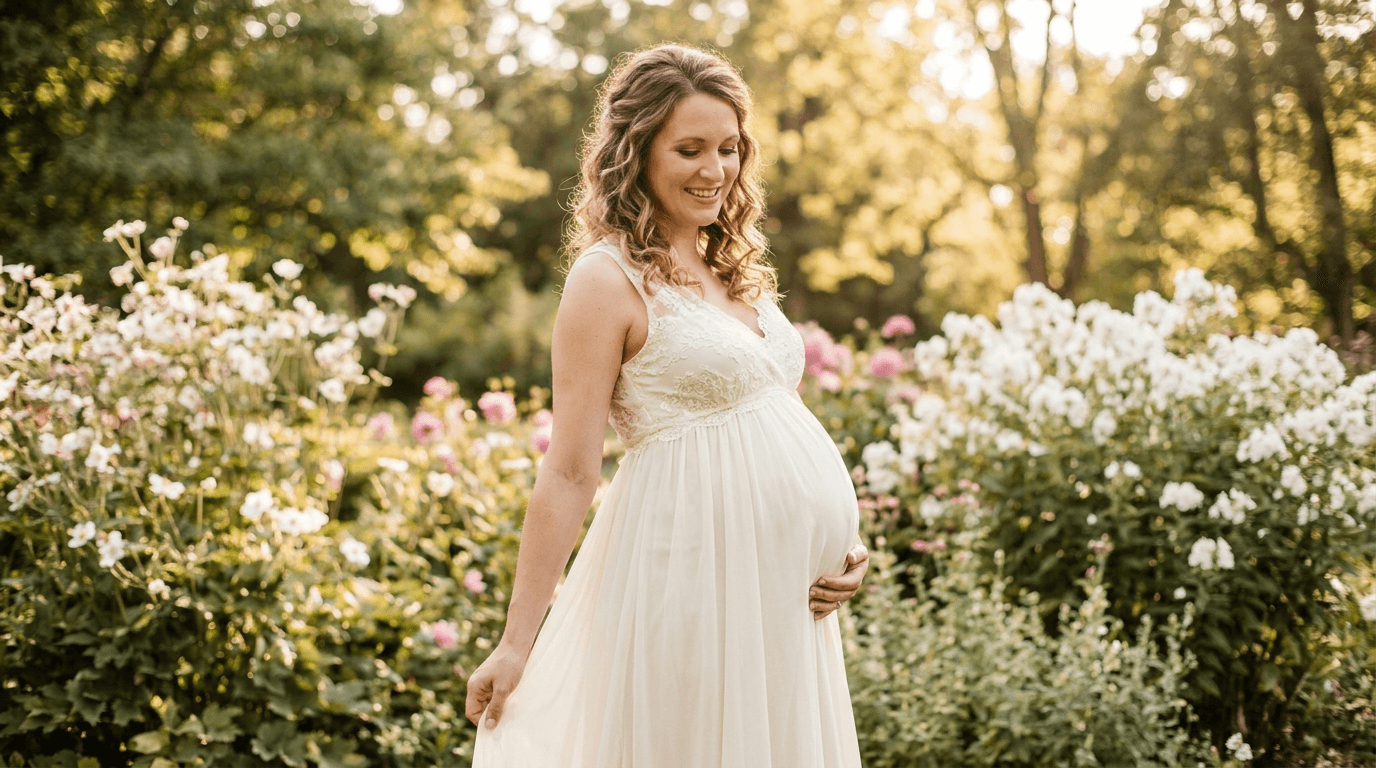 A beautiful pregnant bride in a flowing empire-waist wedding dress, gracefully cradling her baby bump in a romantic garden setting.