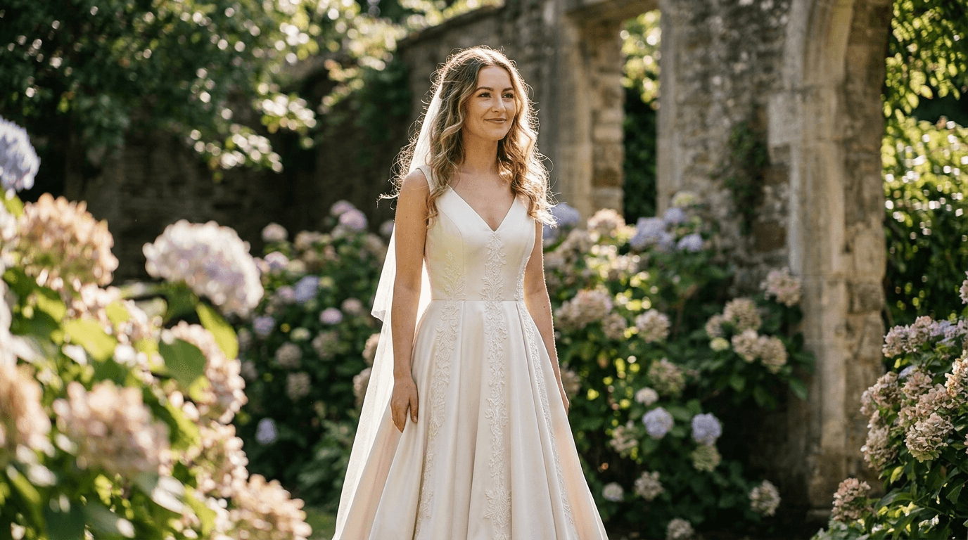 Petite bride in an elegant A-line petite wedding dress with a V-neck, looking confident and radiant