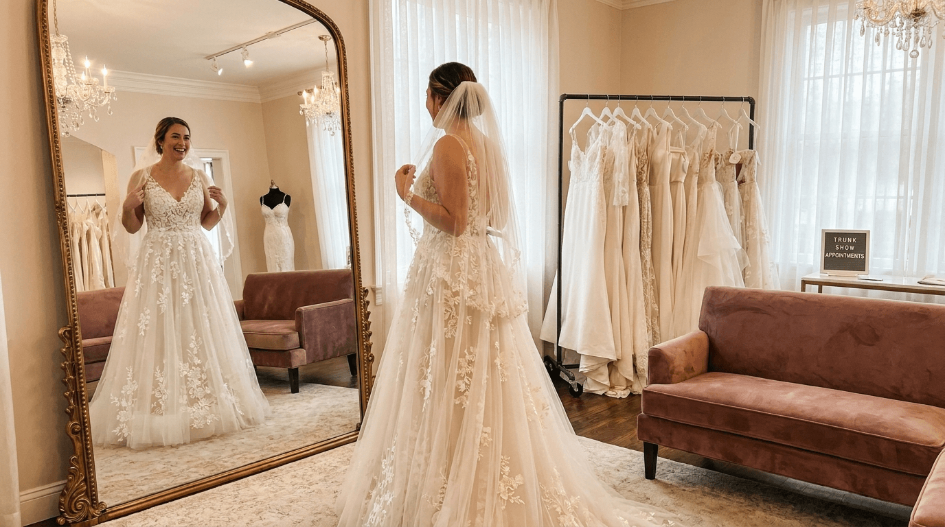 Bride trying on an elegant lace wedding dress at a bridal trunk show